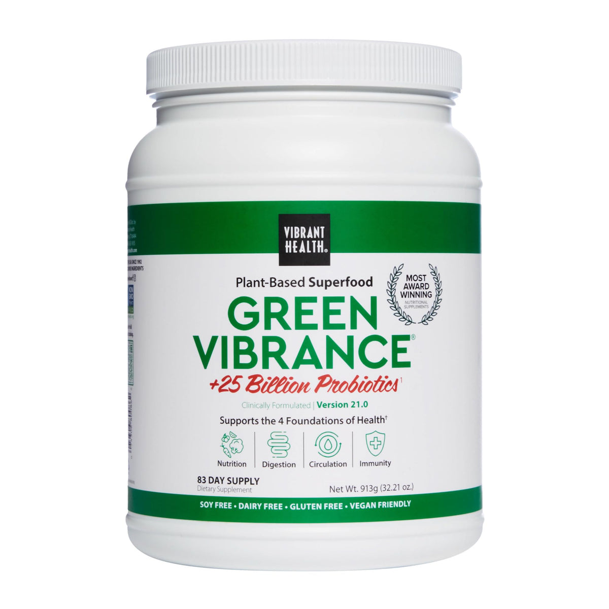 Vibrant Health Green Vibrance bottle shown for daily superfood support.