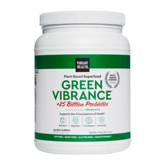 Vibrant Health Green Vibrance bottle shown for daily superfood support.