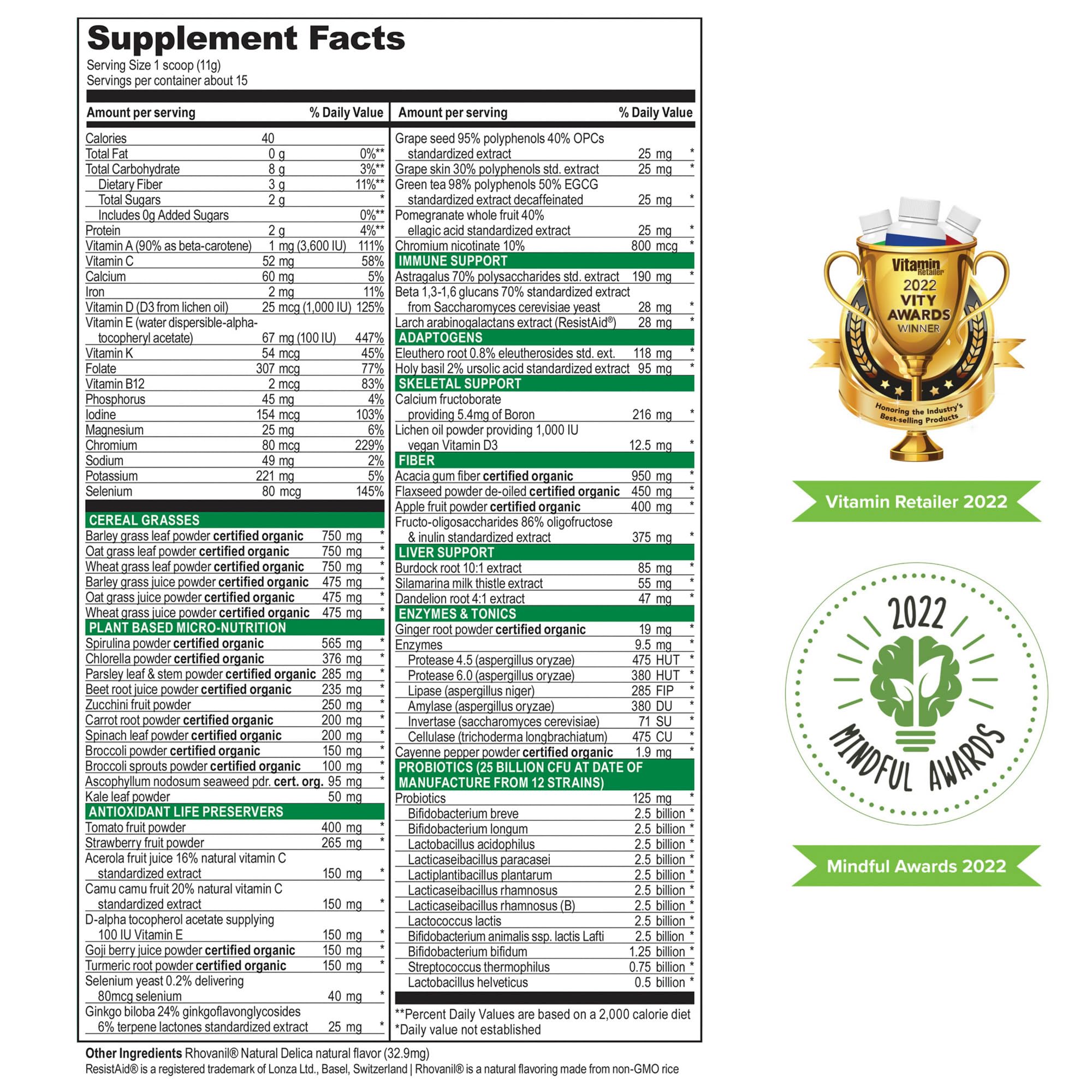 Vibrant Health Green Vibrance ingredients close-up highlighting greens and fruits blend