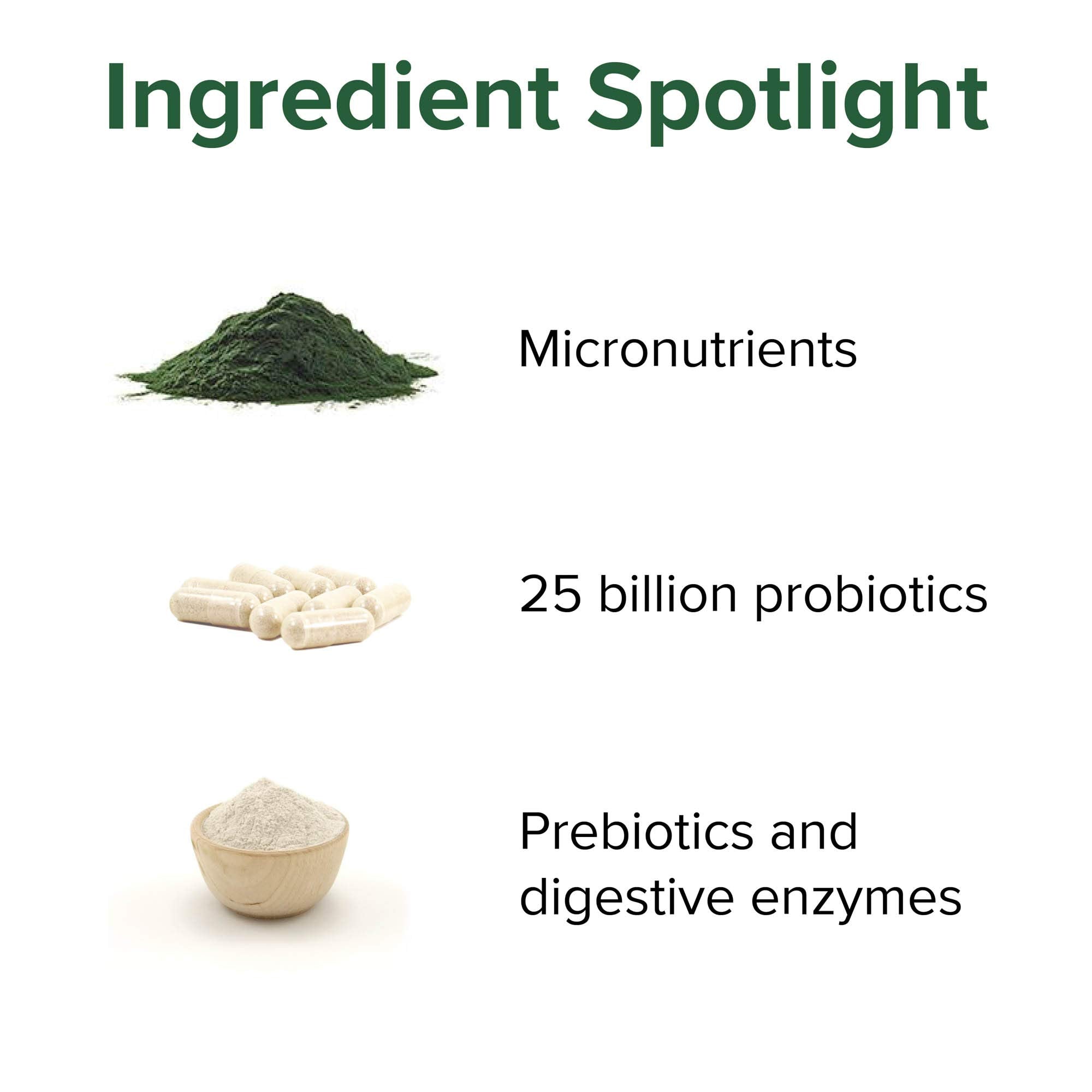 Vibrant Health Green Vibrance ingredients list featuring oat grass and spirulina for nutrition