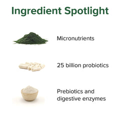 Vibrant Health Green Vibrance ingredients list featuring oat grass and spirulina for nutrition