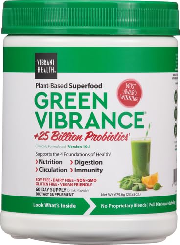 Vibrant Health Green Vibrance powder serving shows an easy mix into beverages, ideal for vegan routines.