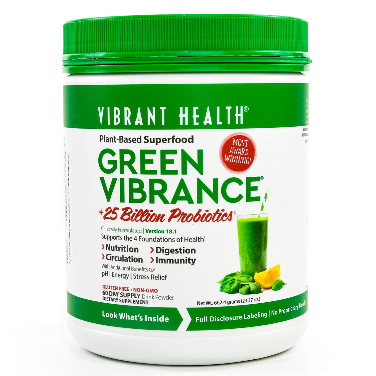 Vibrant Health Green Vibrance powder tub for dairy-free greens in smoothies.