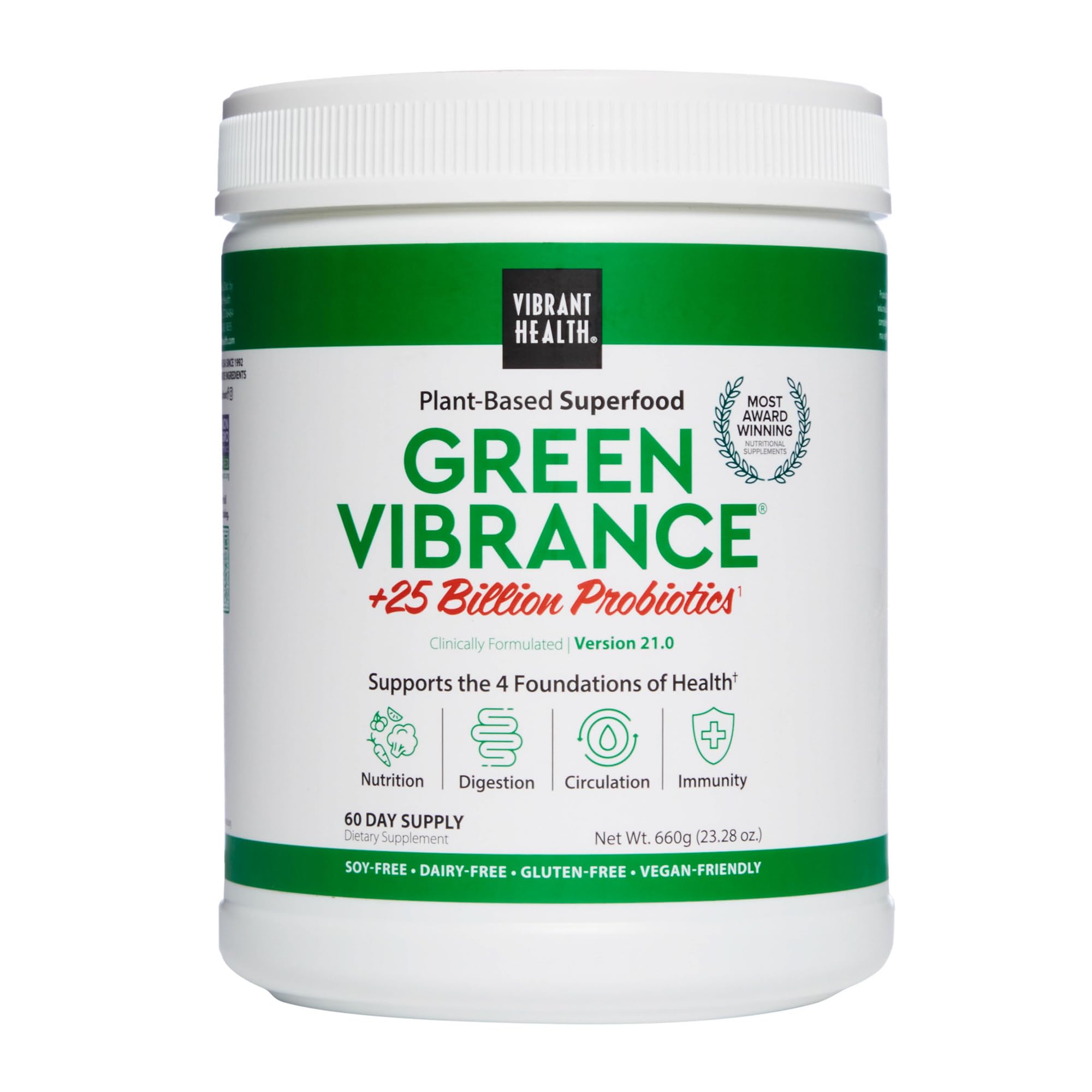 Vibrant Health Green Vibrance tub close-up highlighting a plant-based greens blend for daily nutrition