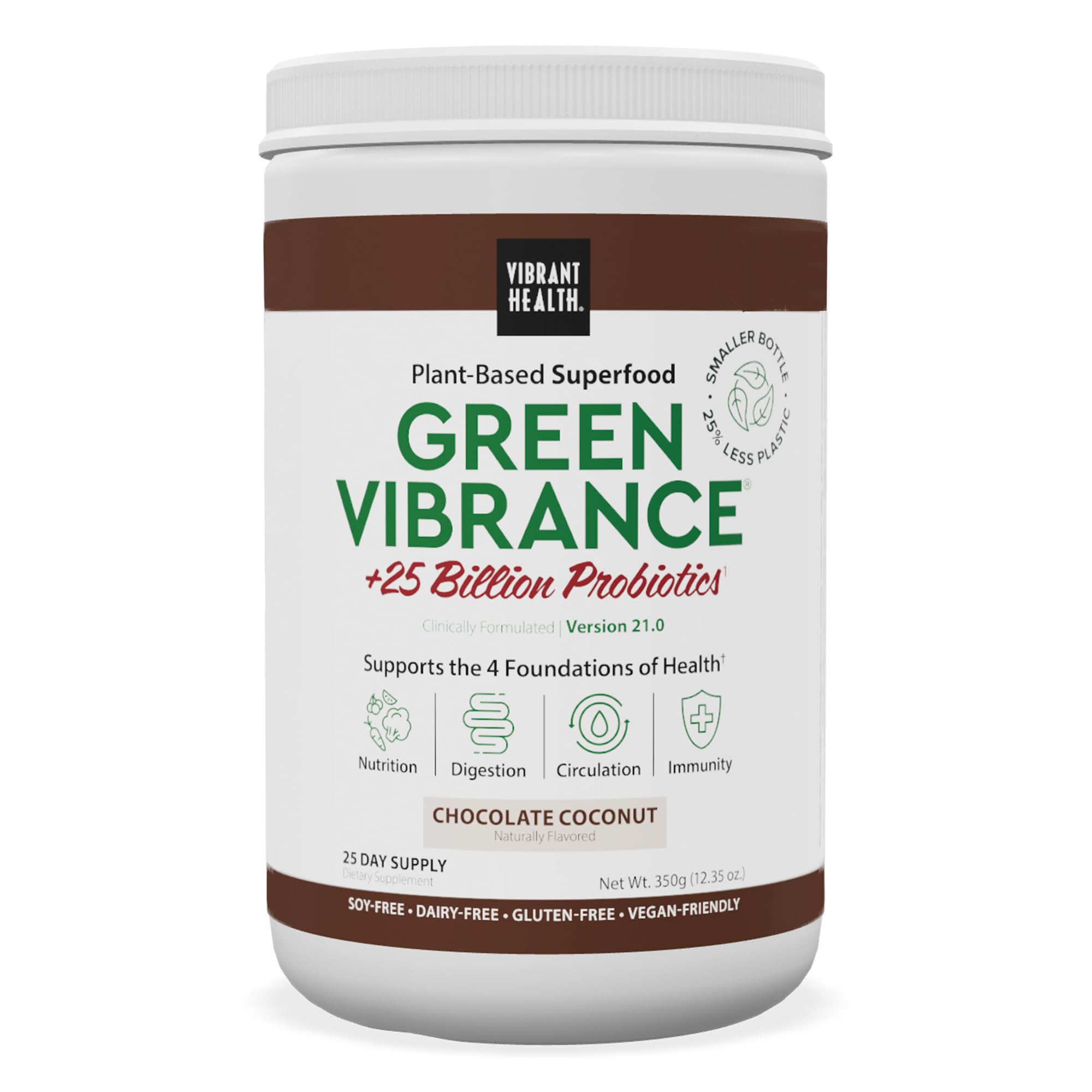 Vibrant Health Green Vibrance tub front shows premium plant-based energy support.