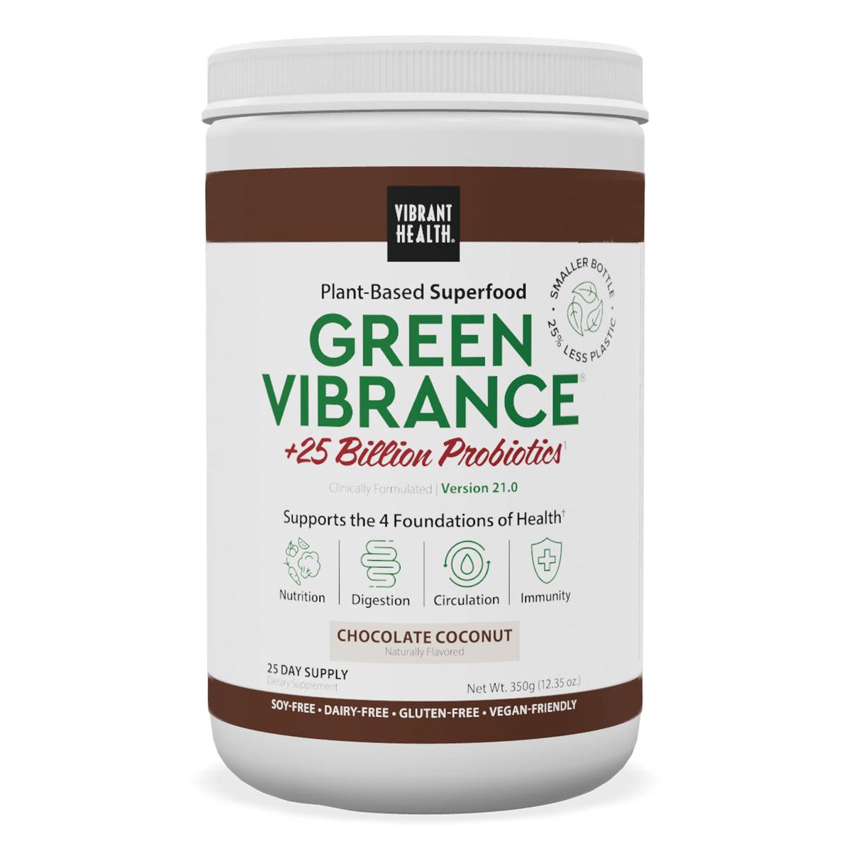 Vibrant Health Green Vibrance tub front shows premium plant-based energy support.