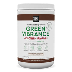 Vibrant Health Green Vibrance tub front shows premium plant-based energy support.