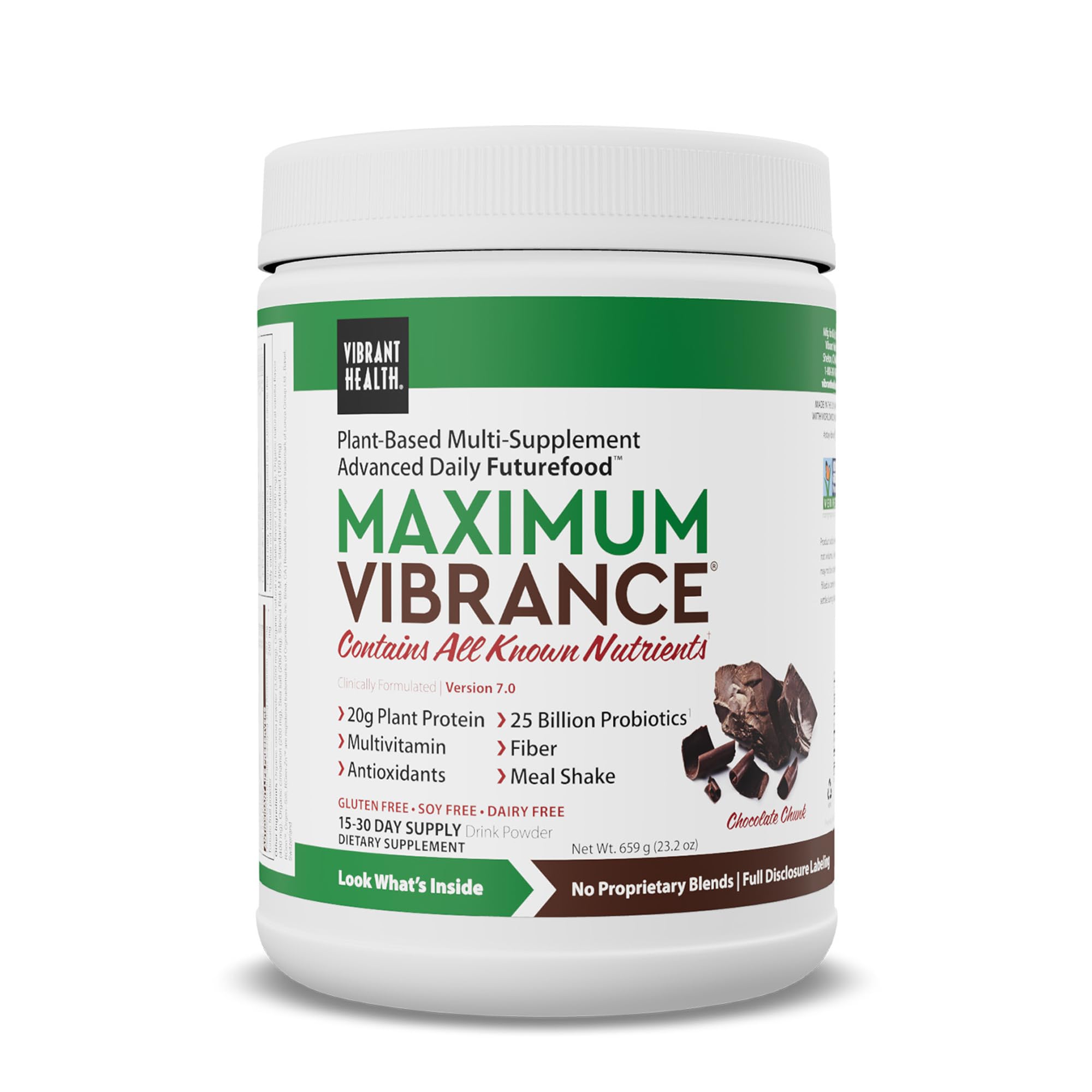 Vibrant Health Maximum Vibrance chocolate chunk pouch, convenient vegan meal shake for on-the-go nutrition.