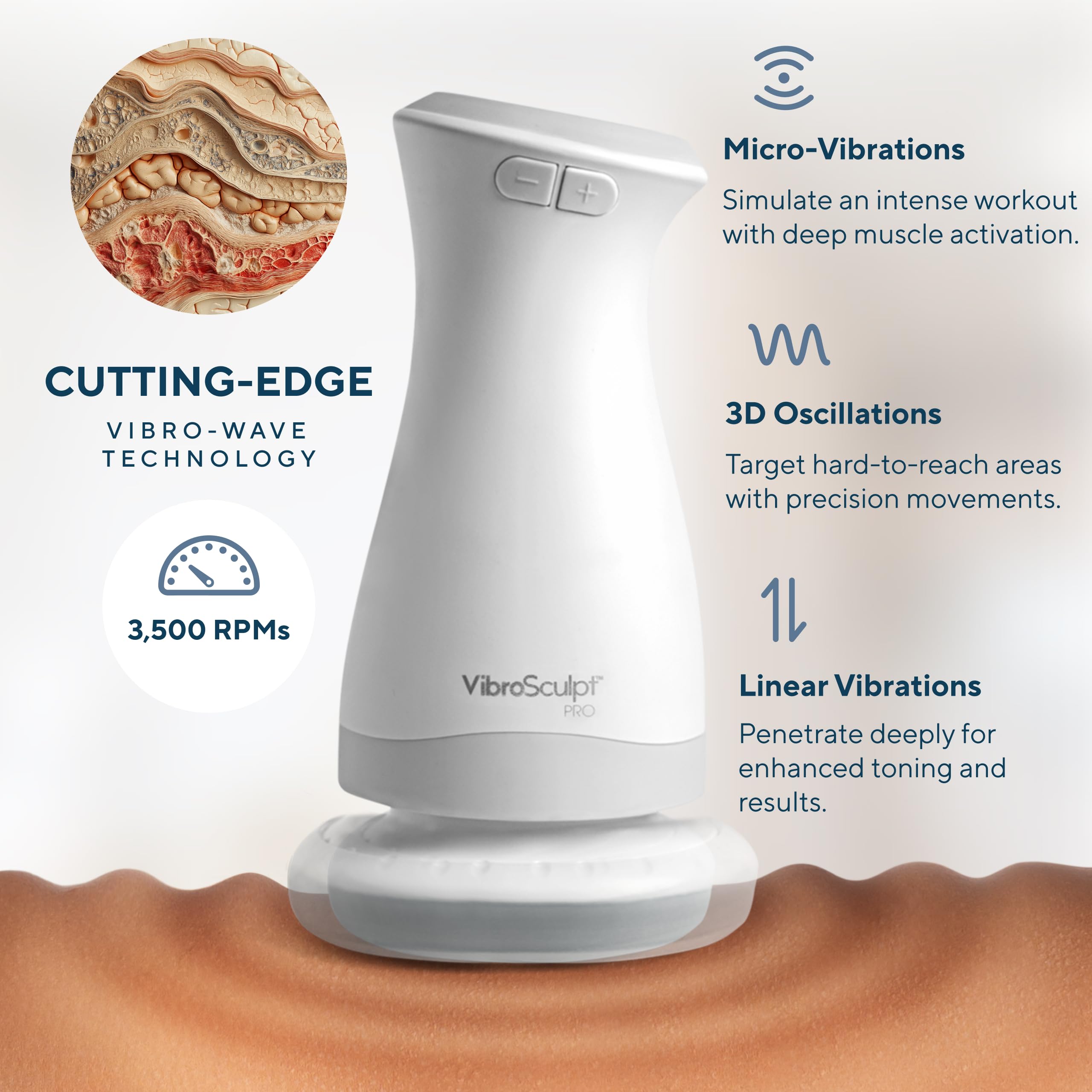 Vibro Sculpt PRO thigh-toning pad targets legs for a firmer-looking silhouette.