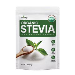 Viccoky Organic Stevia Powder bottle shows pure, zero-calorie sweetness.
