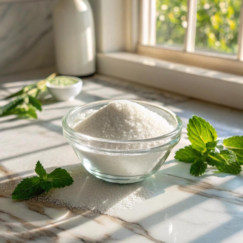 Baking dish with Viccoky stevia powder illustrating versatile cooking for desserts.