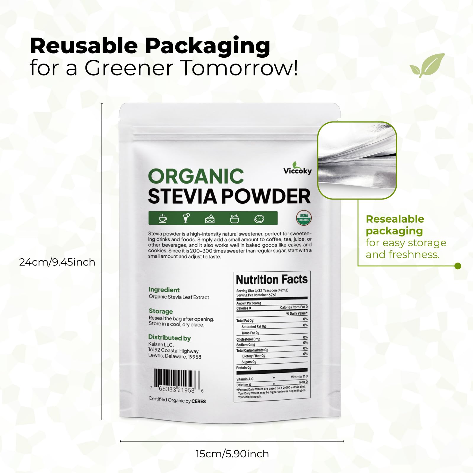 Viccoky Stevia Powder close up showing fine powder ideal for precise measuring