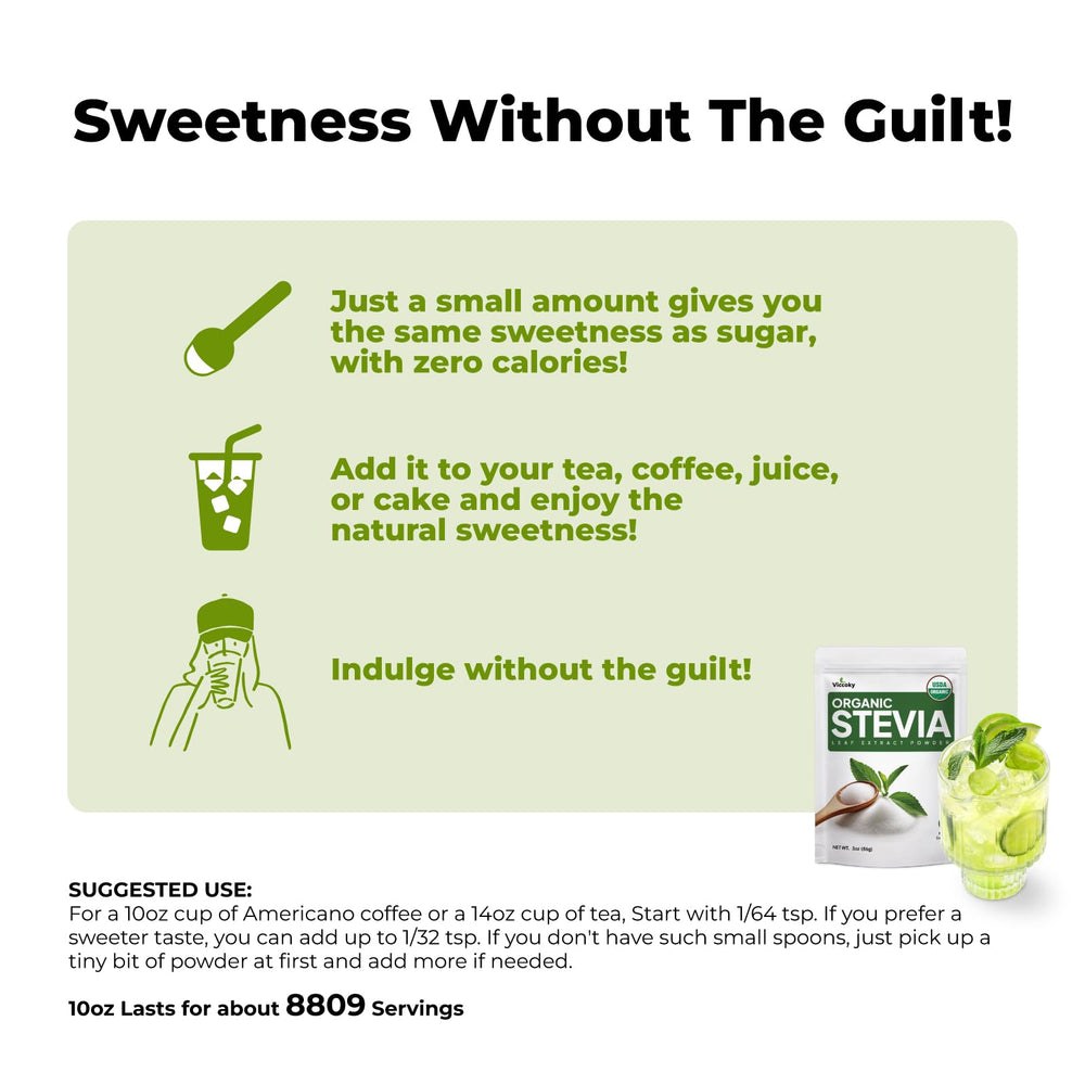 Scoop of Viccoky stevia powder measures tiny, concentrated sweetness