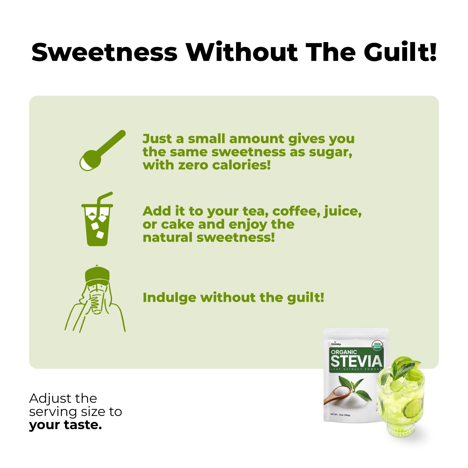 Viccoky Stevia Powder in tea showcases sugar free sweetness without spikes