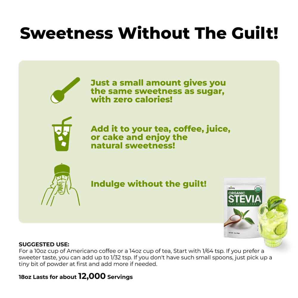 Ingredients table featuring Viccoky stevia powder as a natural sweetener option.