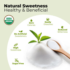 Viccoky Stevia Powder with measuring spoon demonstrates small amounts for drinks and recipes