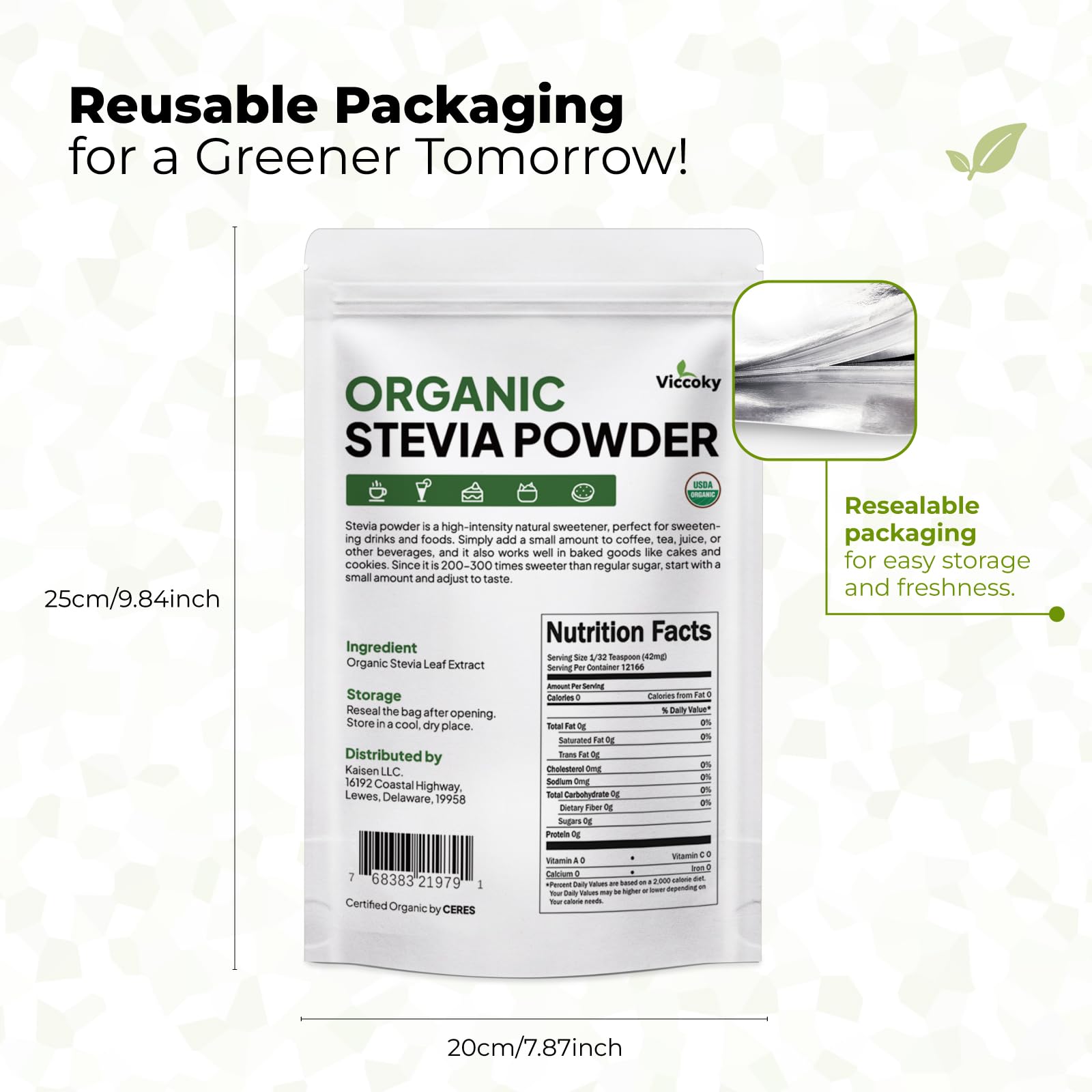 Close-up of Viccoky stevia powder scoop highlighting concentrated sweetness for baking.