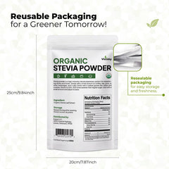 Close-up of Viccoky stevia powder scoop highlighting concentrated sweetness for baking.