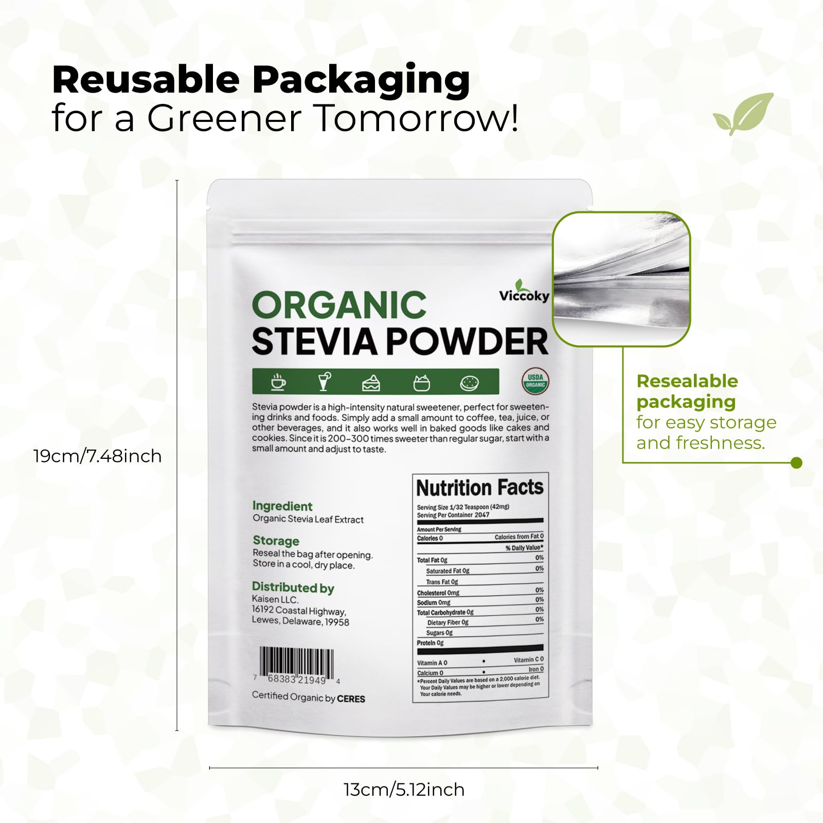 Viccoky Stevia powder scoop highlights concentrated sweetness for versatile use.