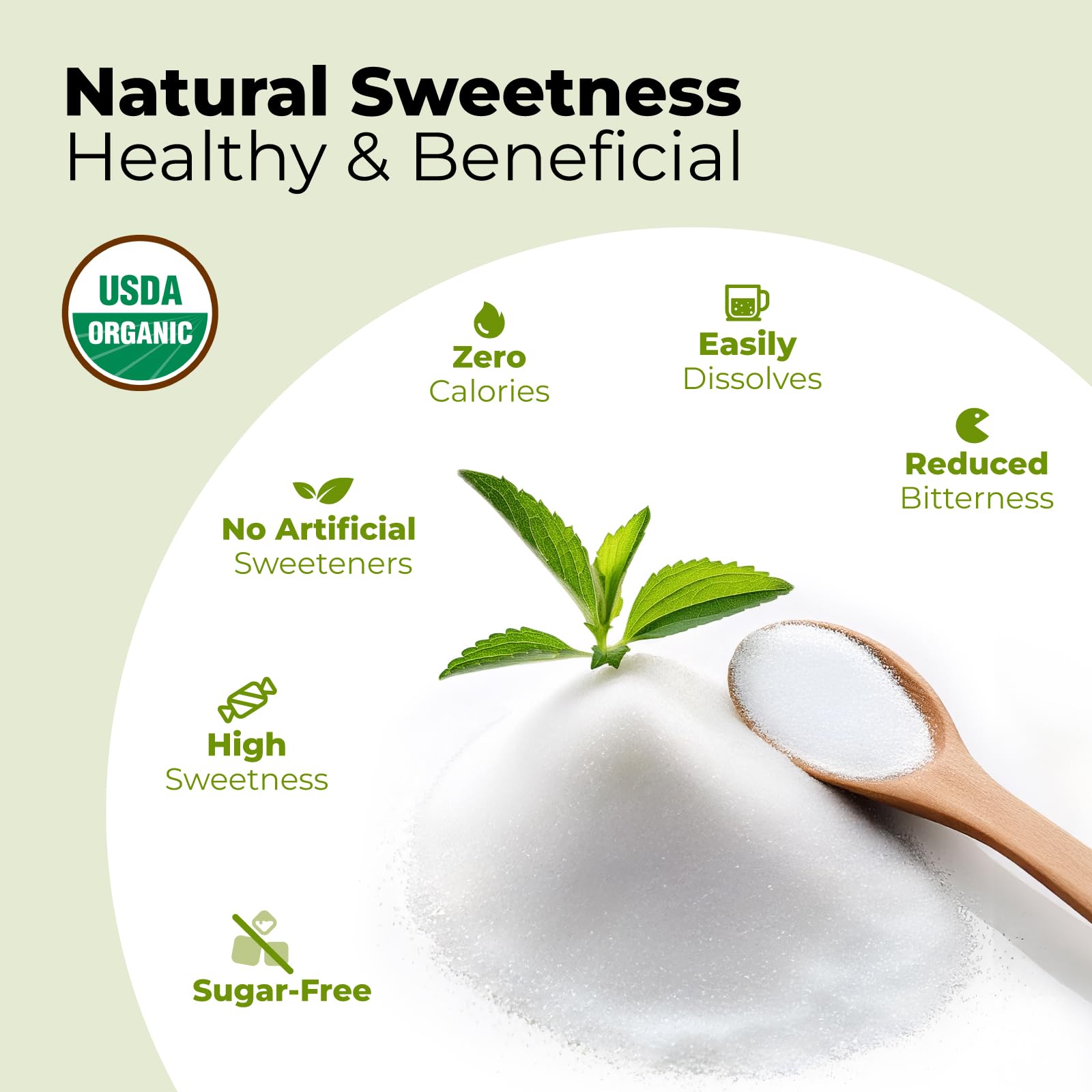 Teacup with Viccoky stevia powder drizzle illustrating sugar-free flavor enhancement.