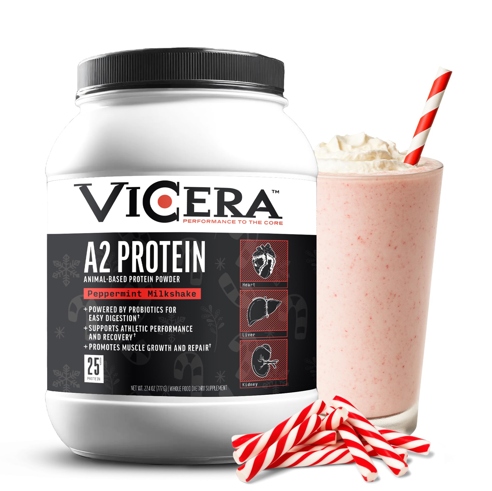 ViCera A2 Protein Powder bottle with peppermint milkshake flavor for daily protein.