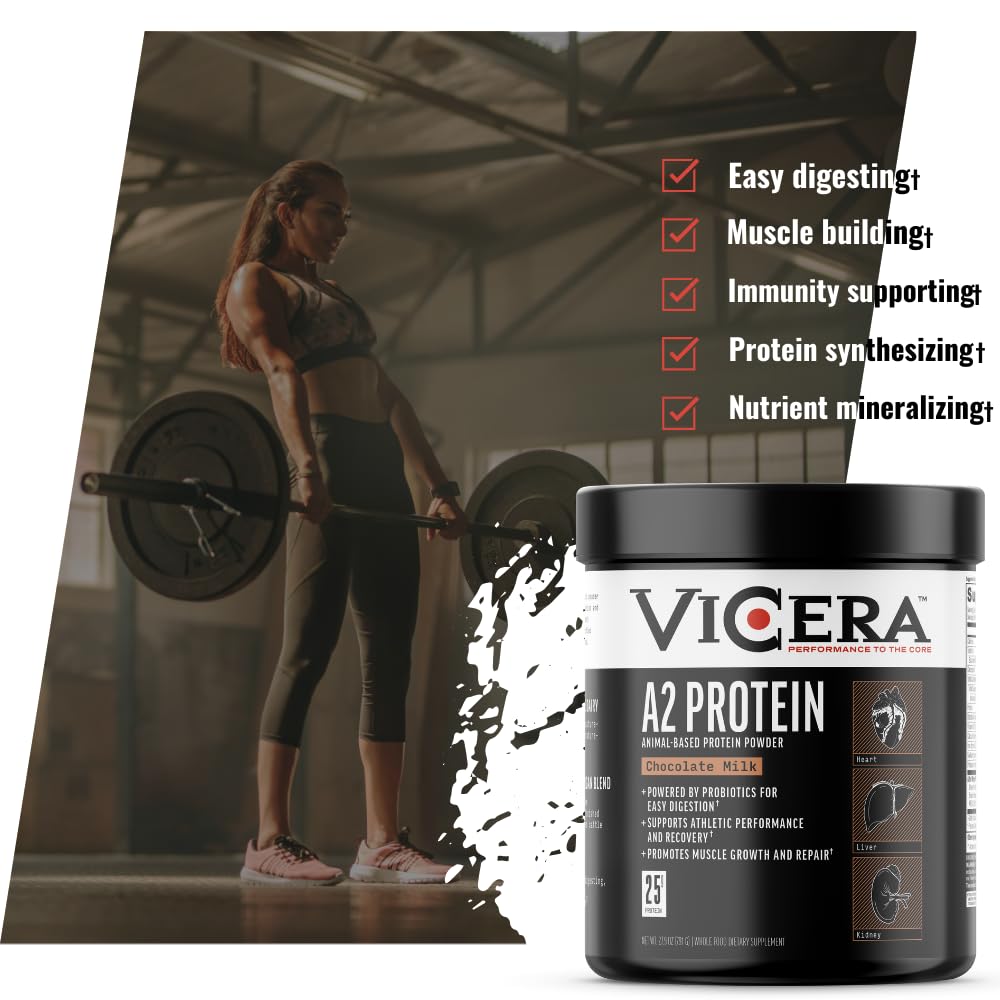 Vicera A2 Protein Powder with Celtic sea salt crystals beside packaging.