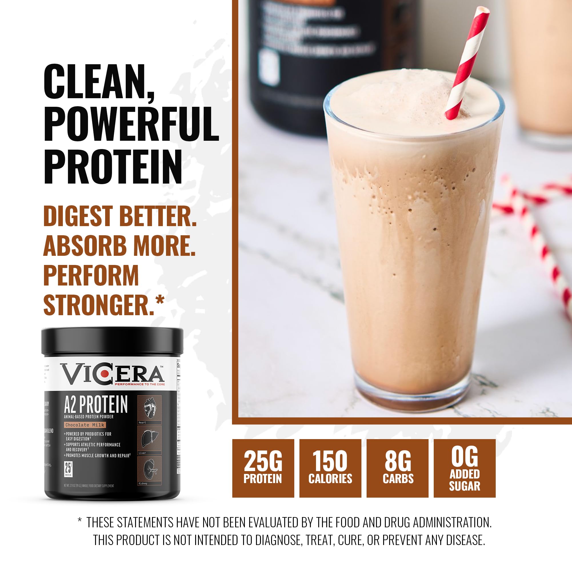Vicera A2 Protein Powder bottle side view highlighting 25 g protein per serving.