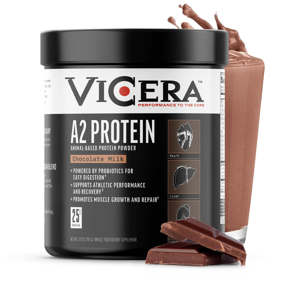 Vicera A2 Protein Powder chocolate jar front, premium organic blend on display.