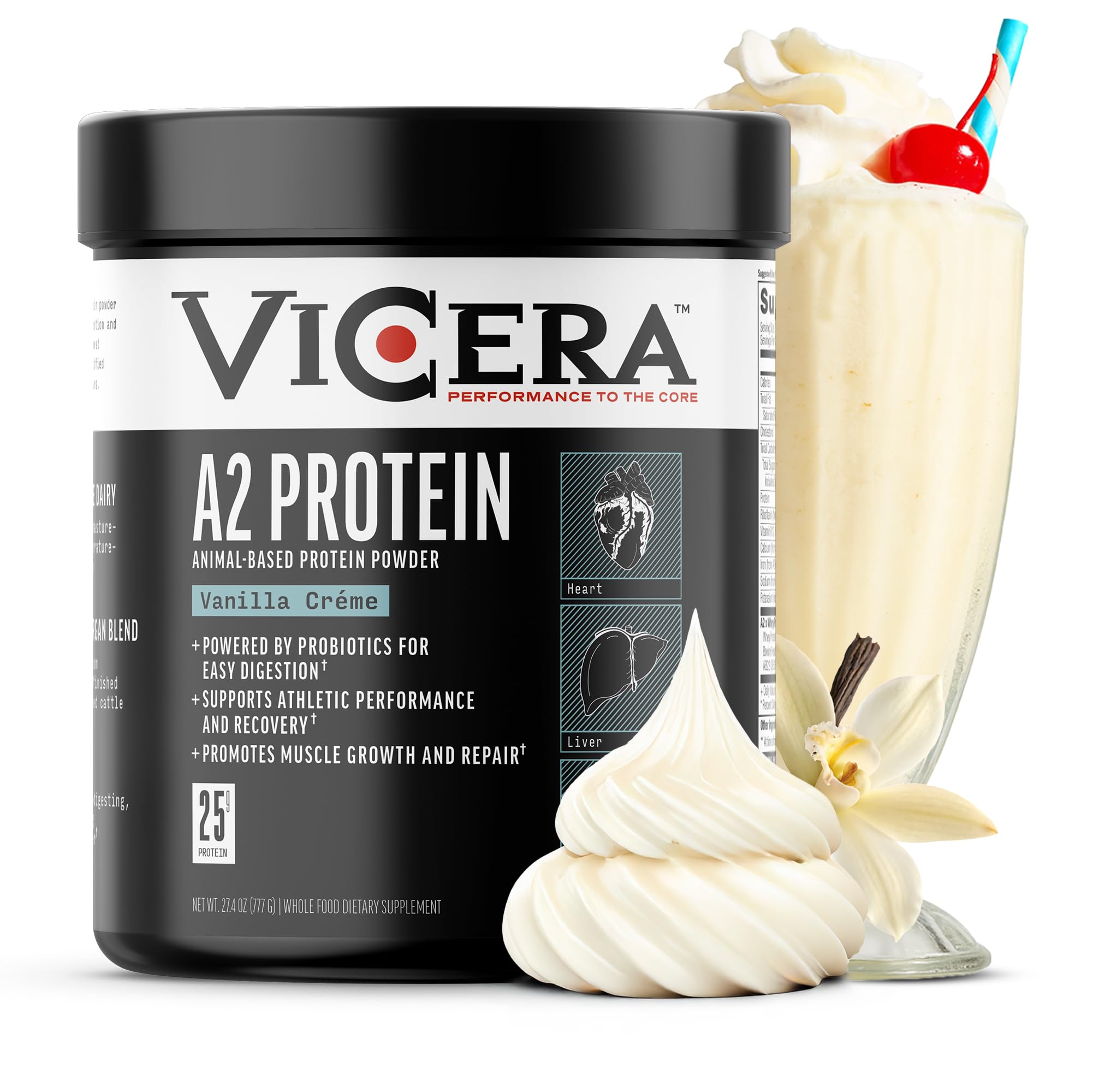 Vicera A2 Protein Powder Vanilla Creme bottle pour for post-workout nourishment.