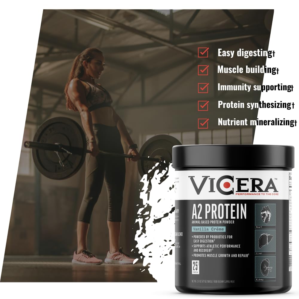 Vicera A2 Protein Powder Vanilla Creme tub beside a smoothie glass.