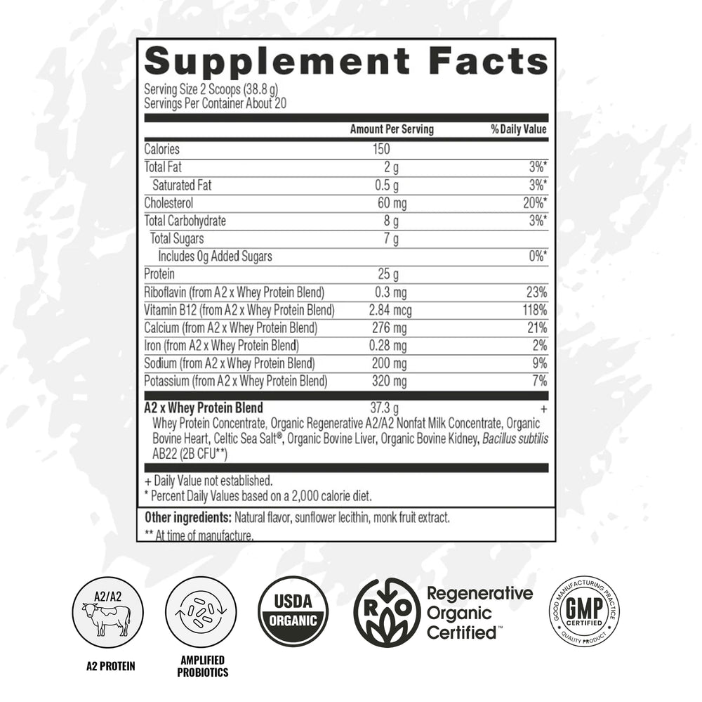 Vicera A2 Protein Powder Vanilla Creme scoop with tub, ideal for quick shakes.