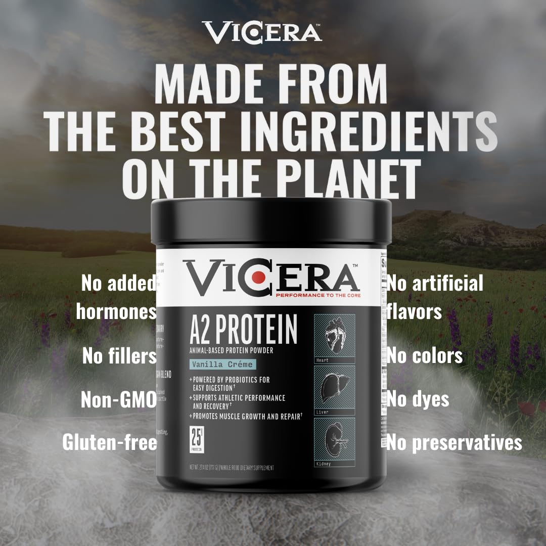 Vicera A2 Protein Powder Vanilla Creme on kitchen counter for oats and baking.