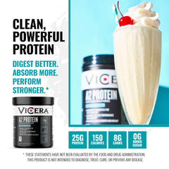 Vicera A2 Protein Powder Vanilla Creme tub front showing protein-rich nutrition.