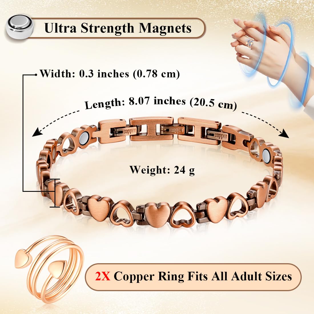 Vicmag 99.9% pure copper bracelet highlighting lead- and nickel-free safety.