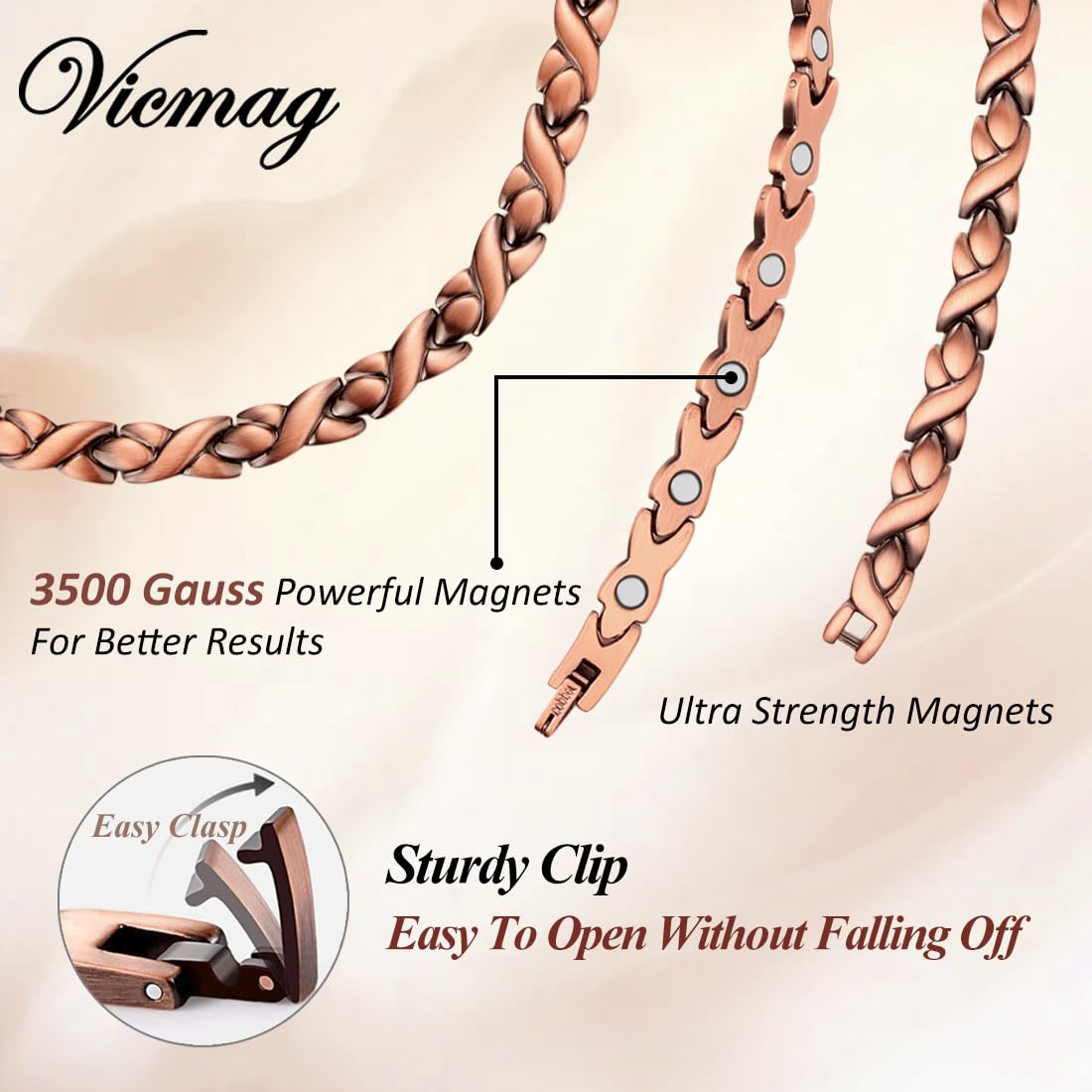 Vicmag copper necklace adjustable length closeup for a personalized fit.