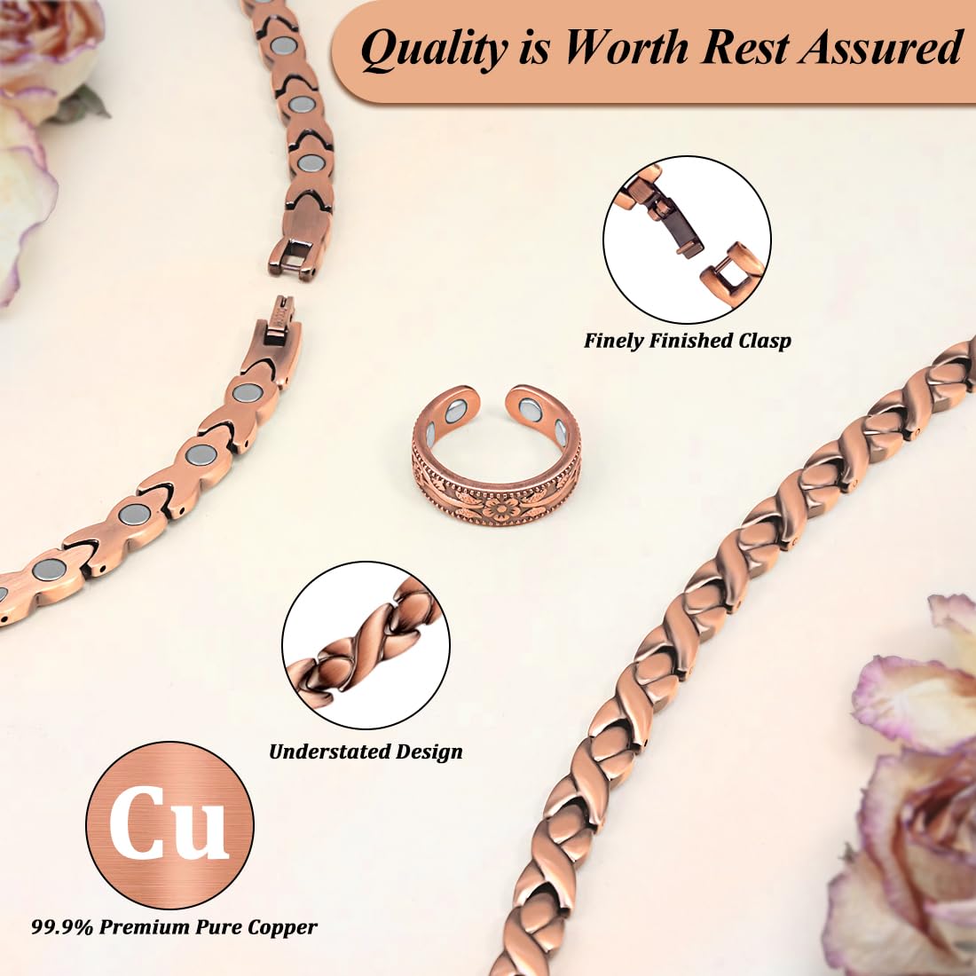 Vicmag copper necklace and ring set on display for coordinated style.