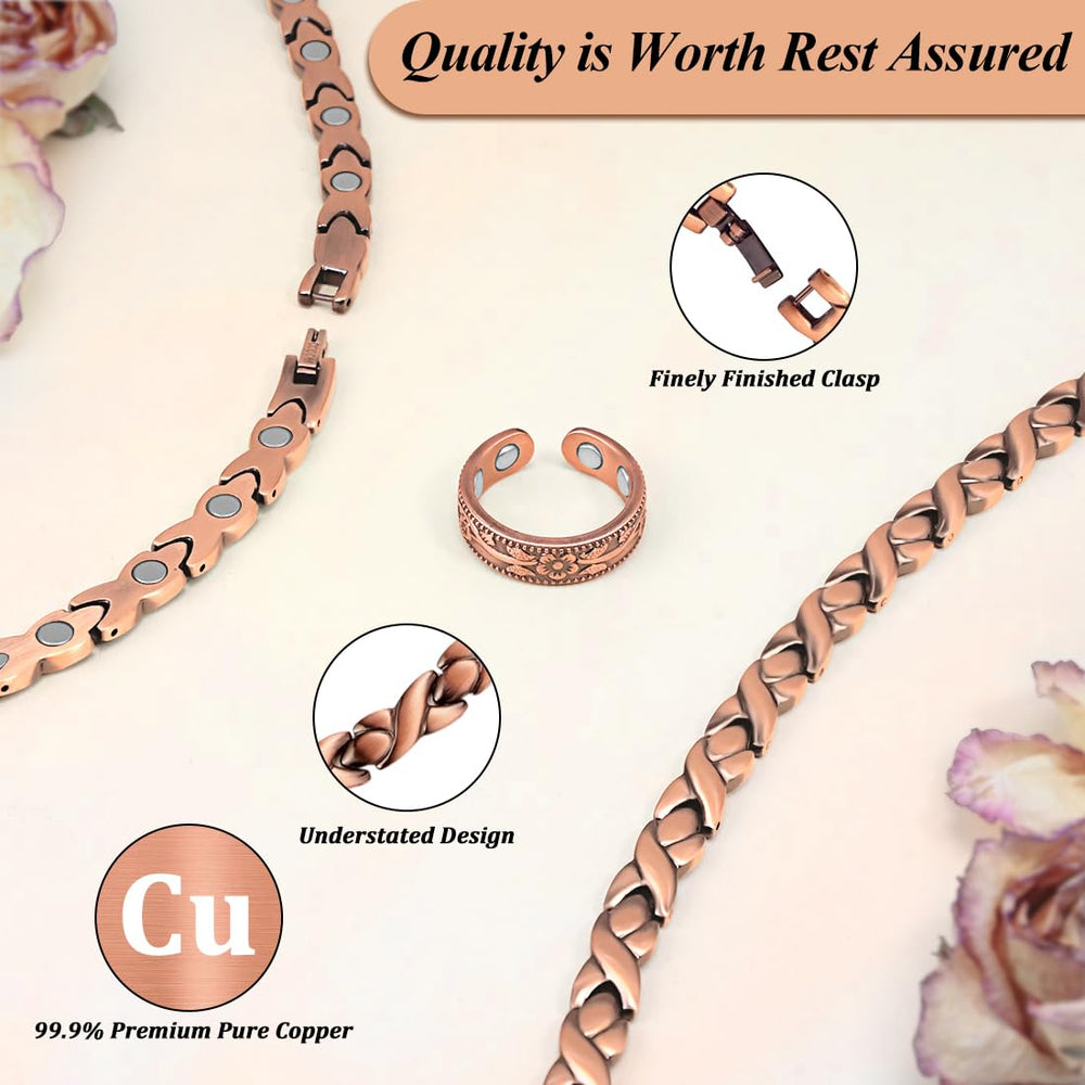 Vicmag copper necklace and ring set on display for coordinated style.