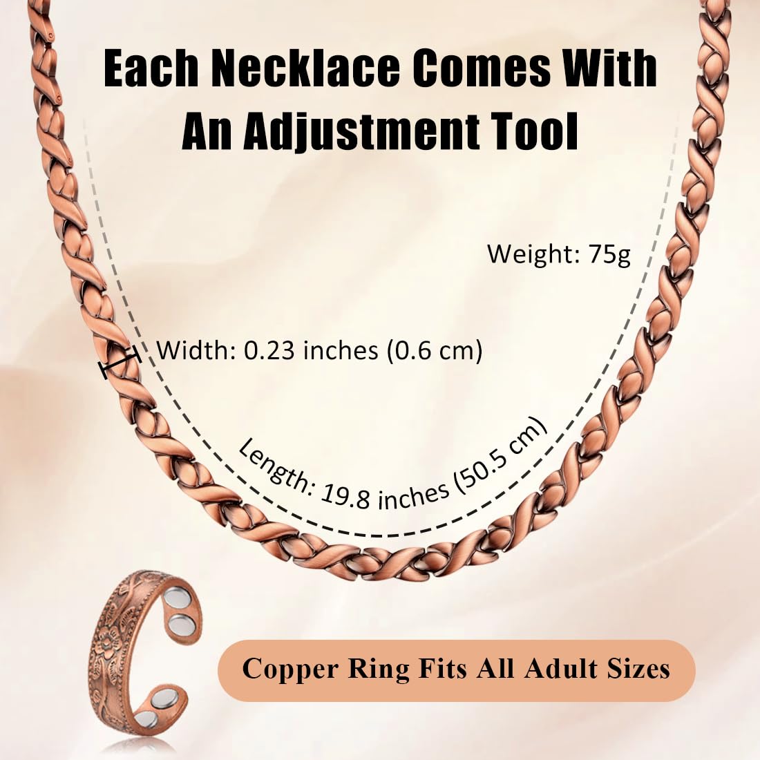 Vicmag copper magnetic necklace worn with smart casual outfits.