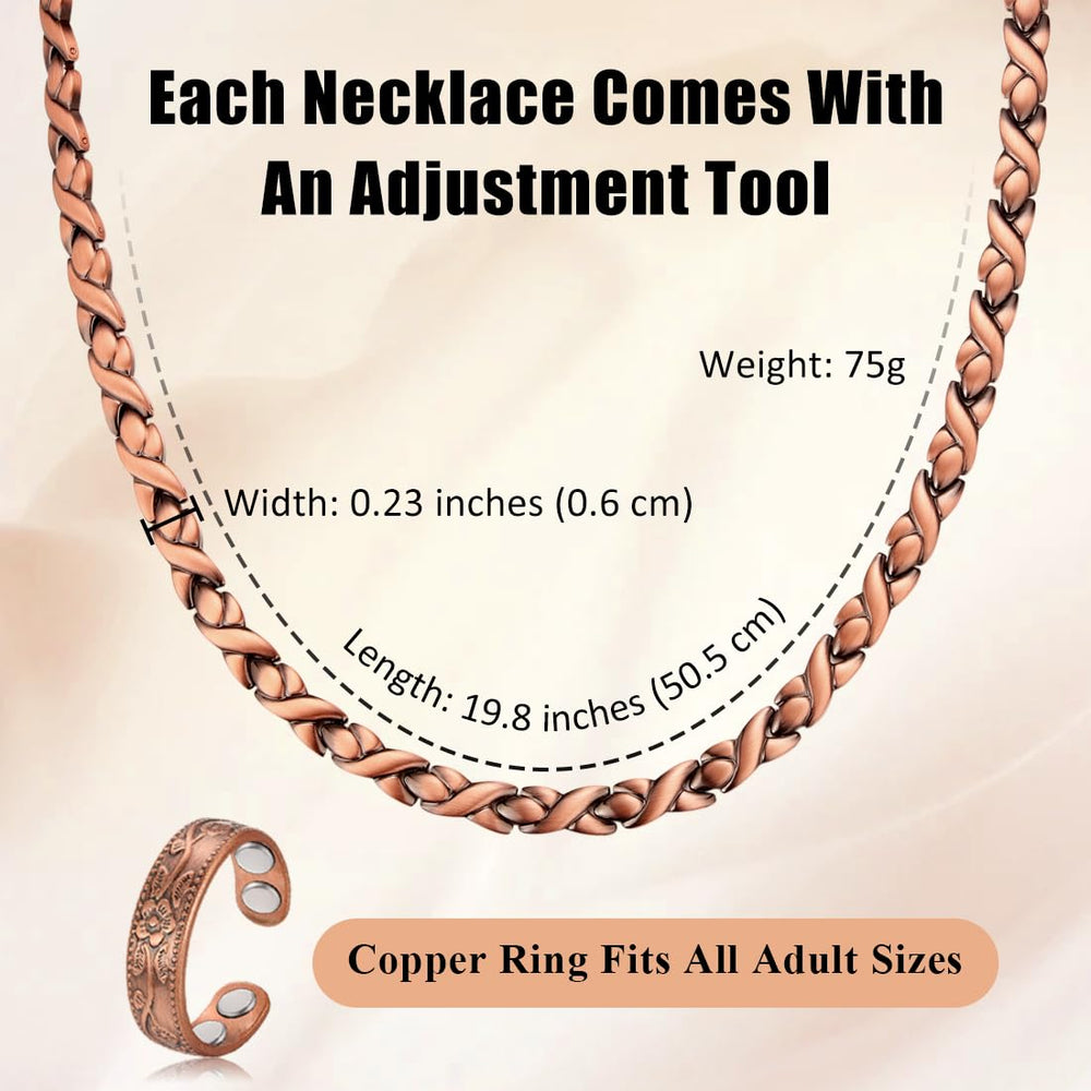 Vicmag copper magnetic necklace worn with smart casual outfits.