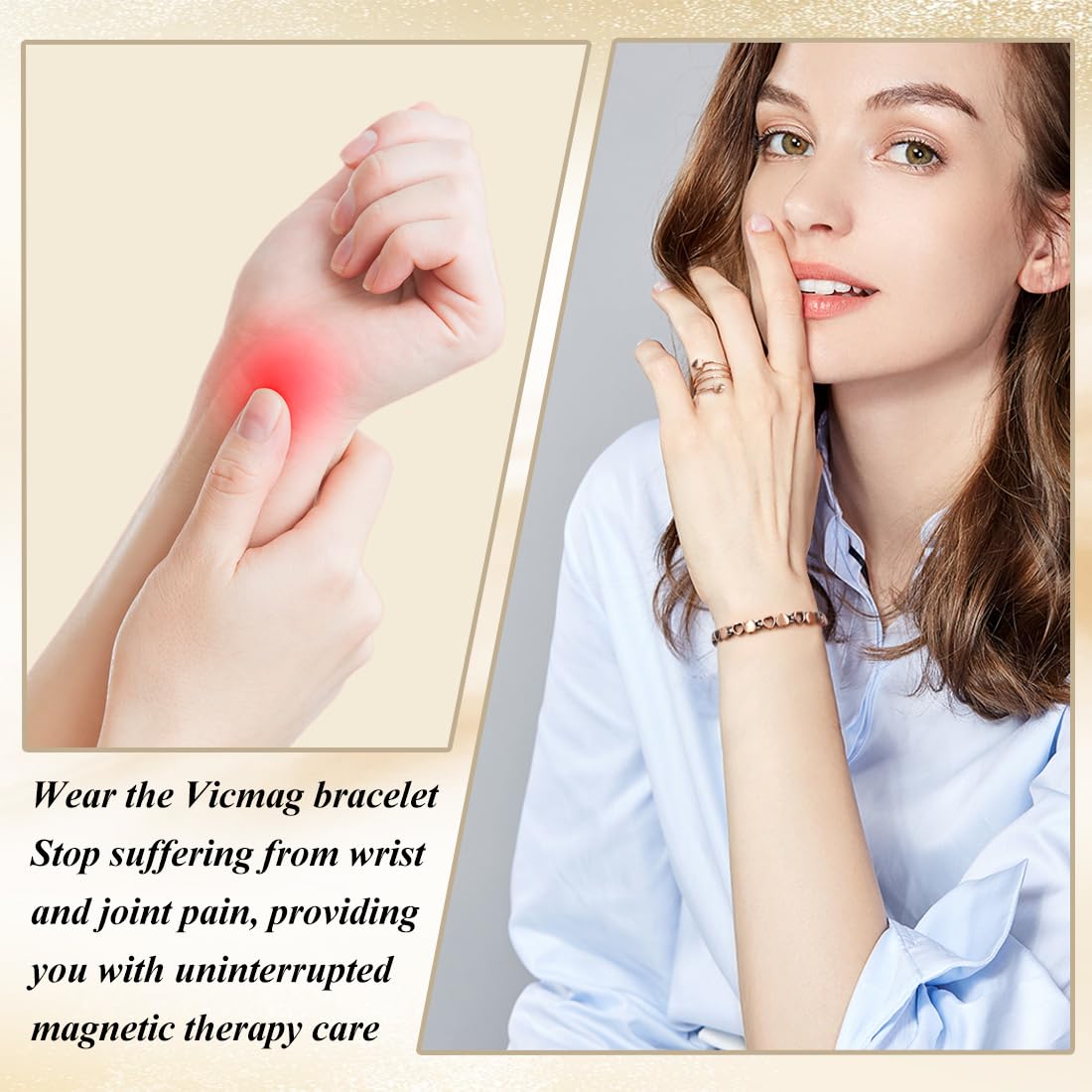 Vicmag elegant copper bracelet on the wrist, balanced style and subtle magnets.