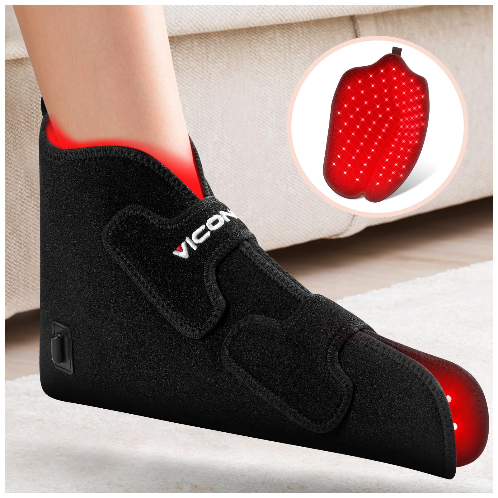 Viconor foot-therapy-device with 660nm red and 880nm infrared light for soothing warmth.