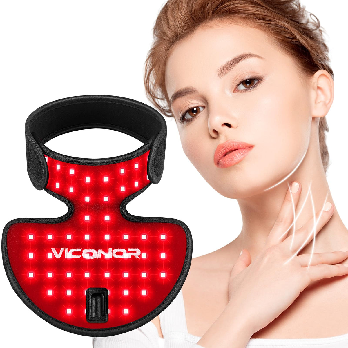 Viconor neck-chest red-light device for targeted skin support and glow.