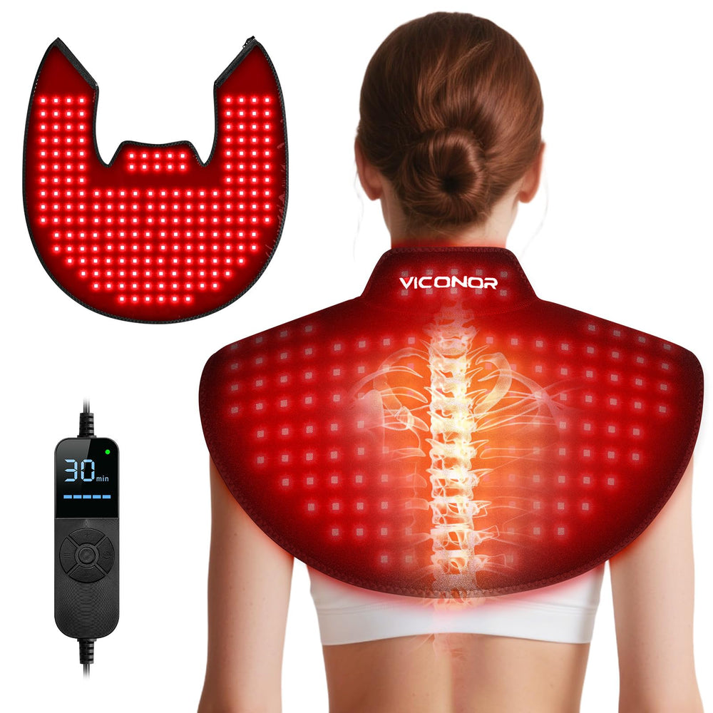 Viconor neck-shoulder panel showing targeted red and infrared therapy for upper body comfort