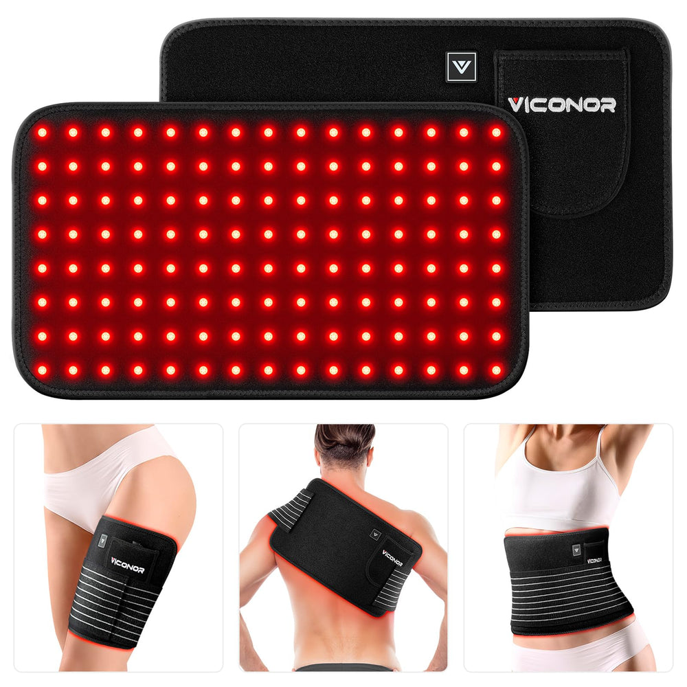 Viconor red light therapy belt front view with 120 red LEDs for targeted warmth