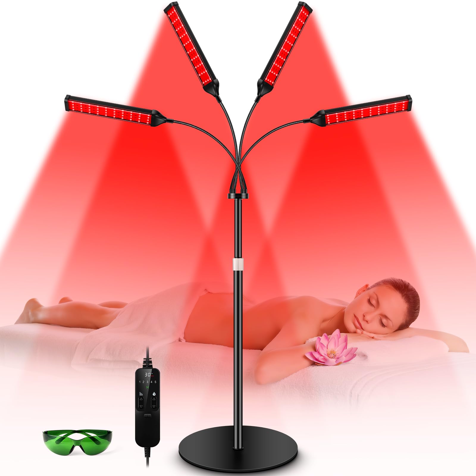 Viconor red light therapy lamp front view with four adjustable heads.