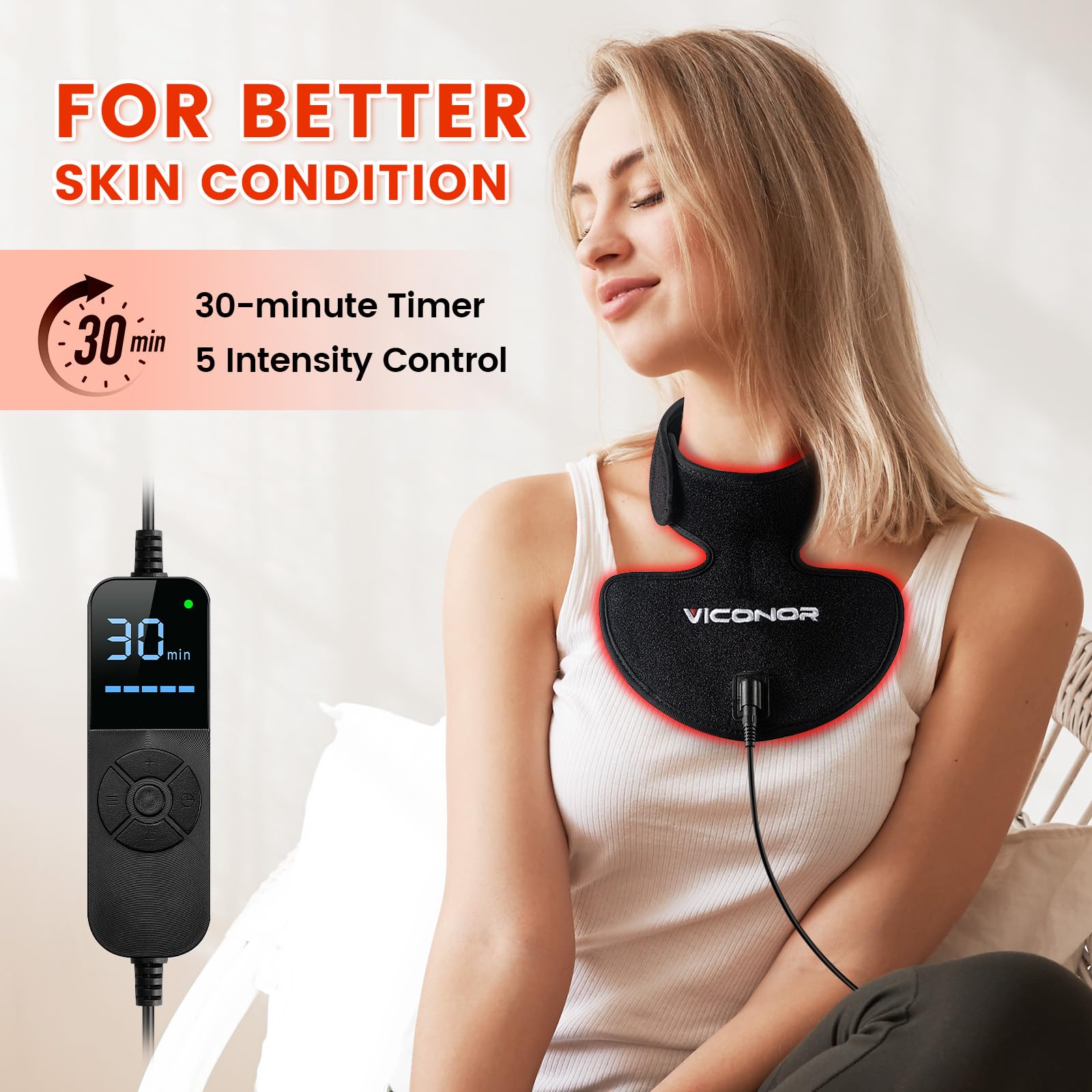 Viconor smart timer and brightness control for personalized sessions.