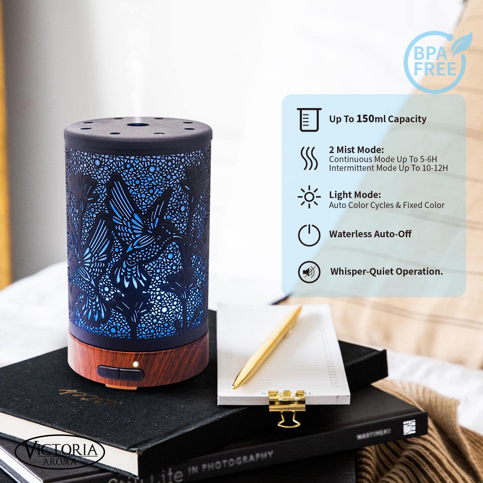 Victoria Aroma diffuser showing seven LED color lights for mood lighting.