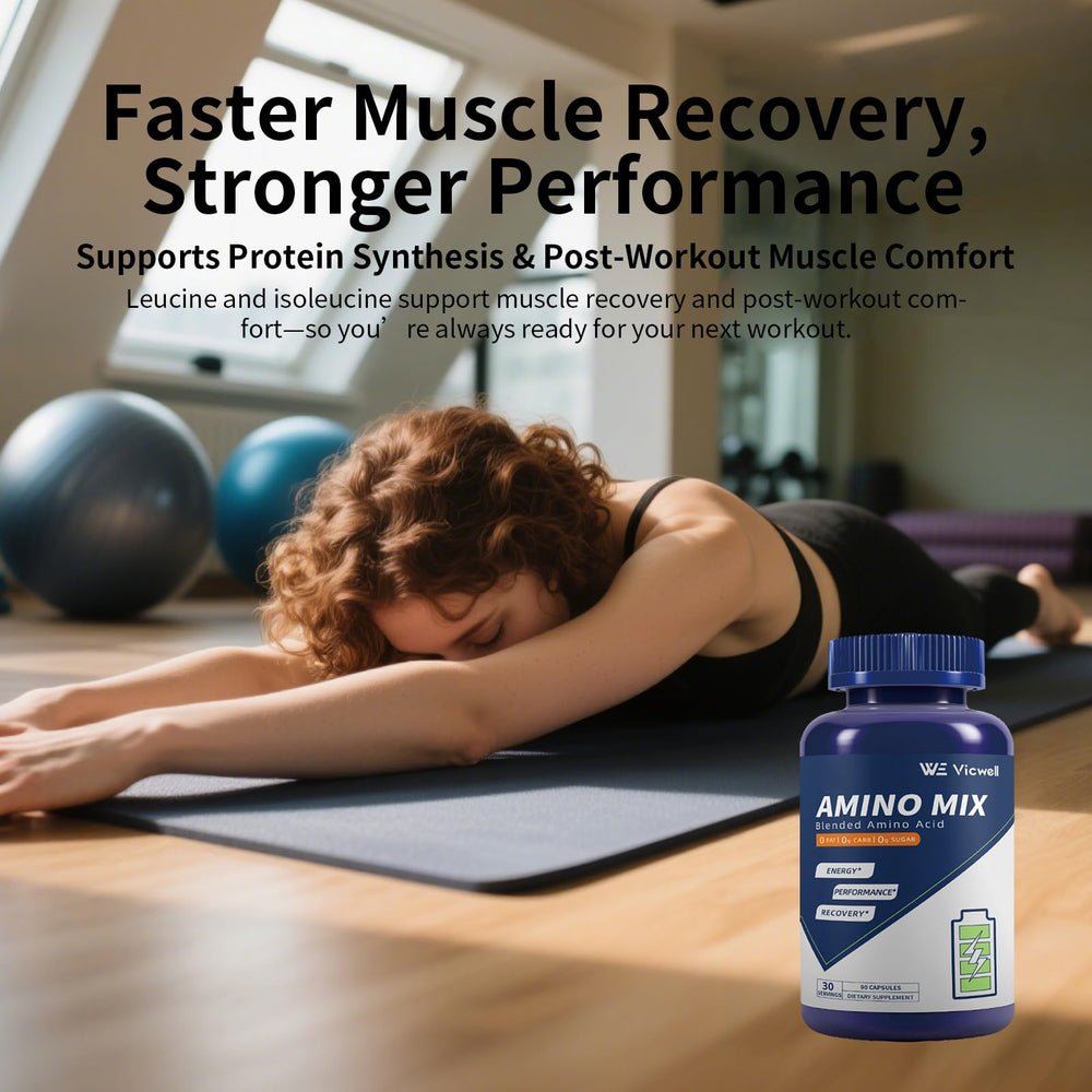 Vicwell Amino Acid label close-up emphasizes clean, sugar-free formulation