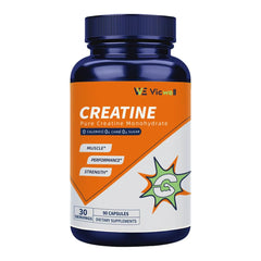 Vicwell Creatine Monohydrate capsules in bottle for workouts and on-the-go use.