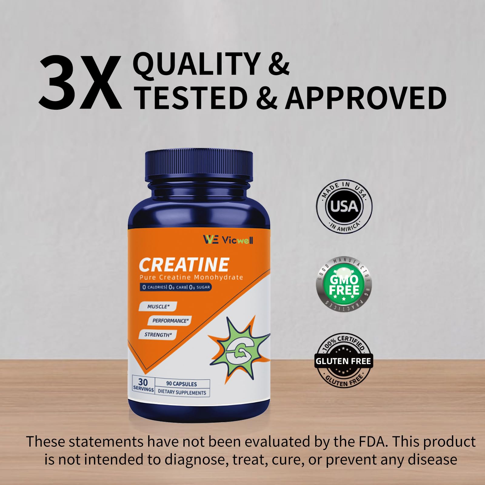 Vicwell Creatine Monohydrate bottle emphasizes sugar-free formula.